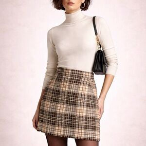 MARC CAIN Academia Mini Tweed Skirt Italian Wool Blend Plaid Neutral Tan Cream 8